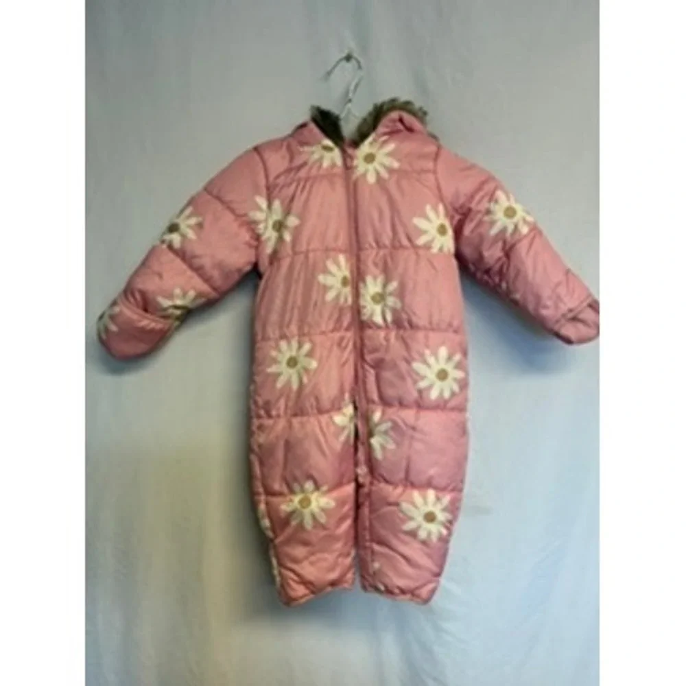 Carters Pink Daisy Floral Puffer Snowsuit Faux Fur Hood 18M Pink White Winter